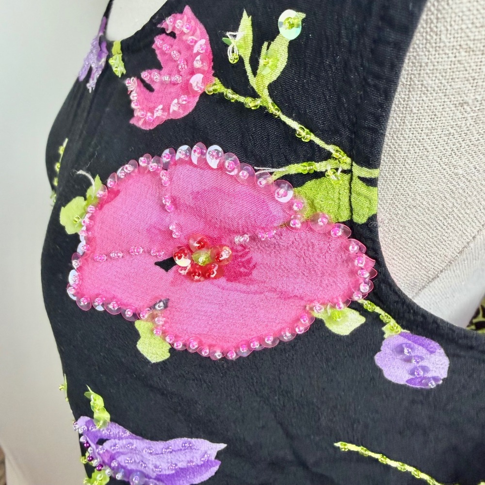 Key Lime Pie Womens M Black Floral Beaded Tank Top Y2K 90s Sleeveless Crop - Picture 9 of 9